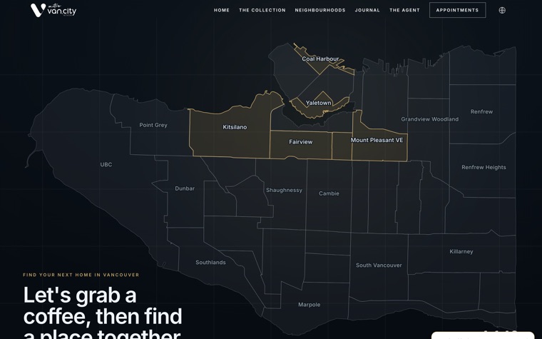 A map of Vancouver as the front door of a live REALTOR website